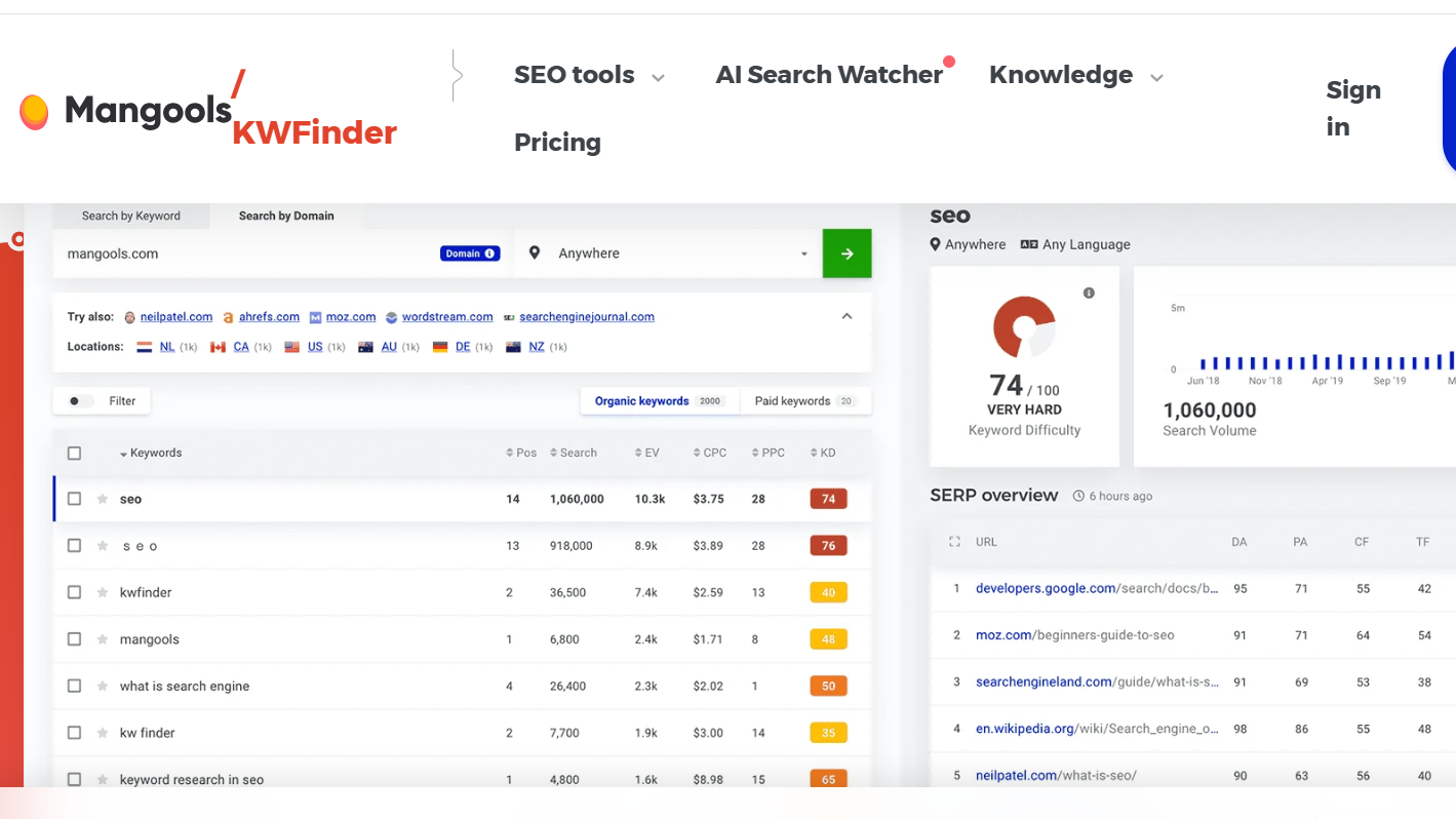 KwFinder : free SEO tools for keyword research 