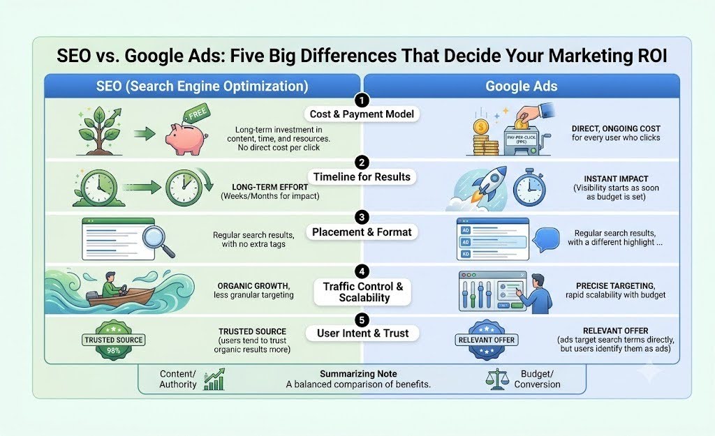 SEO vs. Google Ads: Five Big Differences That Decide Your Marketing ROI