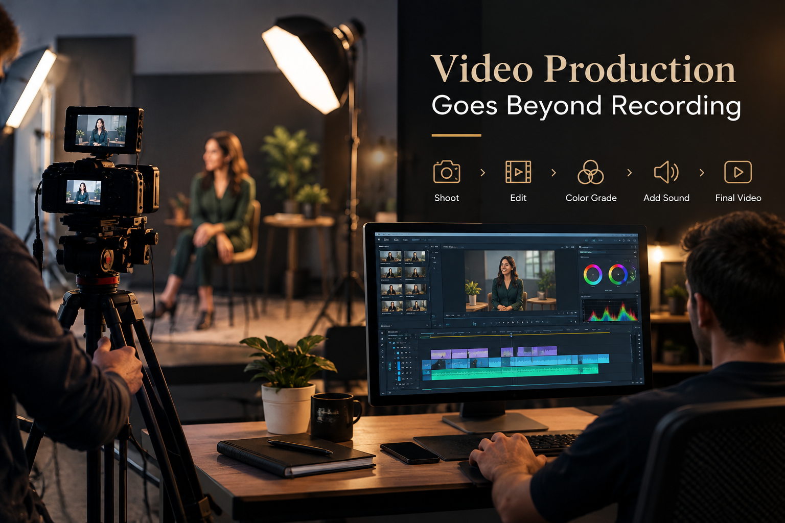 Video editor selecting the best shots from multiple footage clips